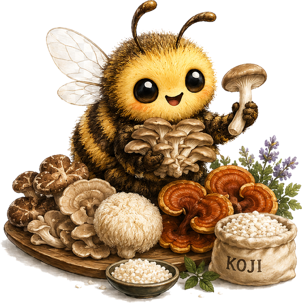 Mel the Bee studying medicinal mushrooms and koji