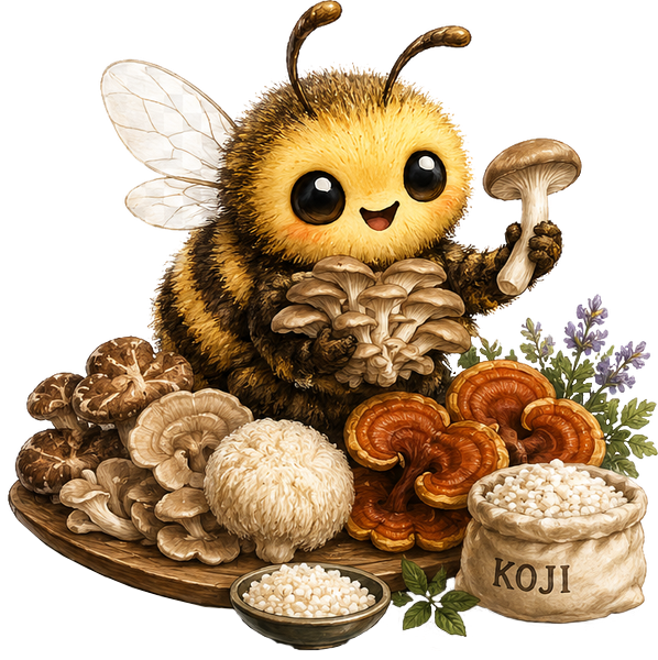 Mel the Bee studying medicinal mushrooms and koji