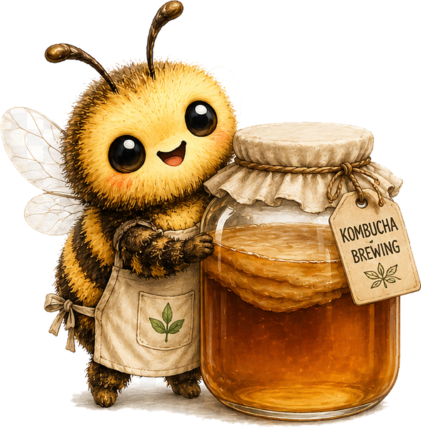 Mel the Bee tending a jar of kombucha